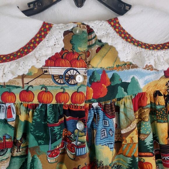 Vtg 80s Thanksgiving Dress Fall Harvest Prairie Girls Sz 6 Smocked Pumpkins USA - Picture 11 of 16